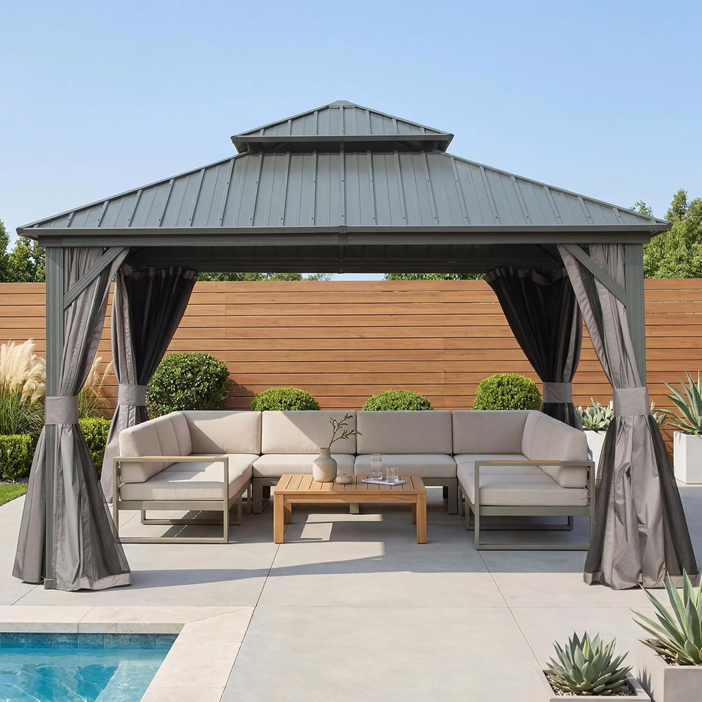 Domi 10x10FT Outdoor Gazebo, Patio Gazebo with Galvanized Steel, Hardtop Gazbo for Patio, Deck, Backyard, Curtain and Netting Included