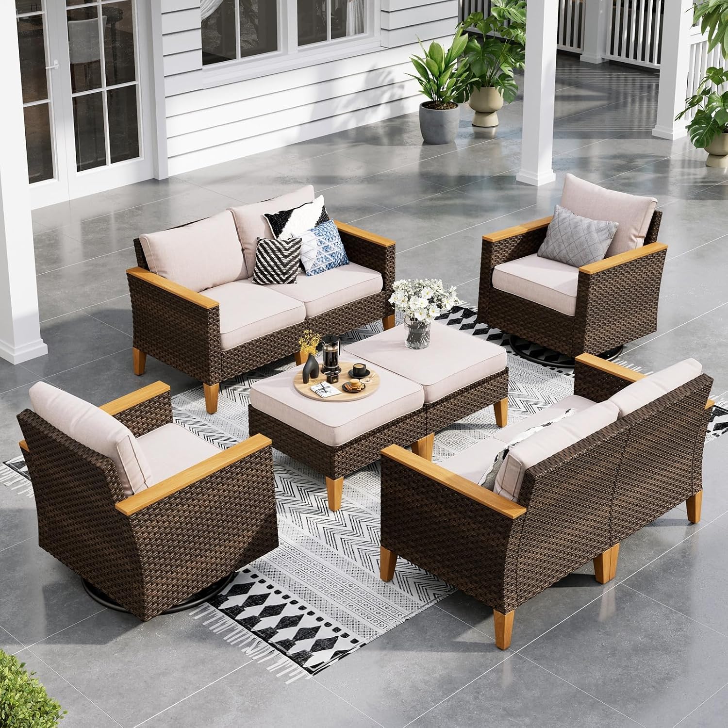 Sophia & William Patio Furniture Set with Swivel Chairs, 8 Piece Outdoor Wicker Sectional Furniture Modular Sofa Couch, Conversation Set for Deck Backyard Lawn, Beige