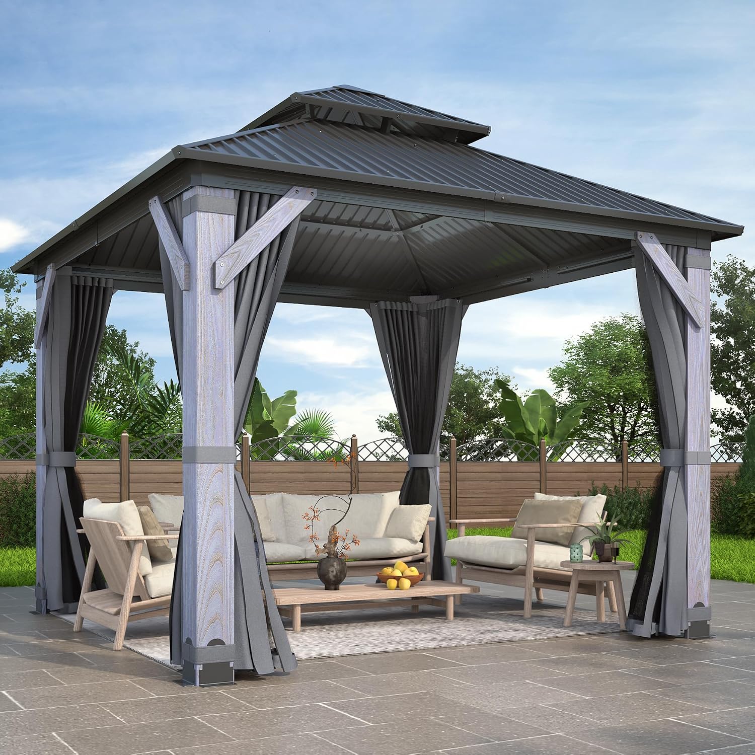 GARTOO 10' x 10' Outdoor Wood Gazebo - Permanent Wooden Hardtop Gazebo Pavilion with Double Curtains, Galvanized Steel Roof Cedar Wood Gazebos for Garden, Lawn, Poolside, Backyard Deck