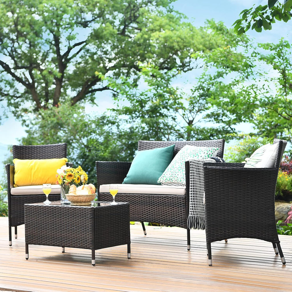 COSTWAY 4PCS Rattan Patio Furniture Set, Outdoor Wicker Rattan Chairs with Coffee Table, Rattan Cushioned Conversation Set for Backyard Balcony Porch Poolside, Brown