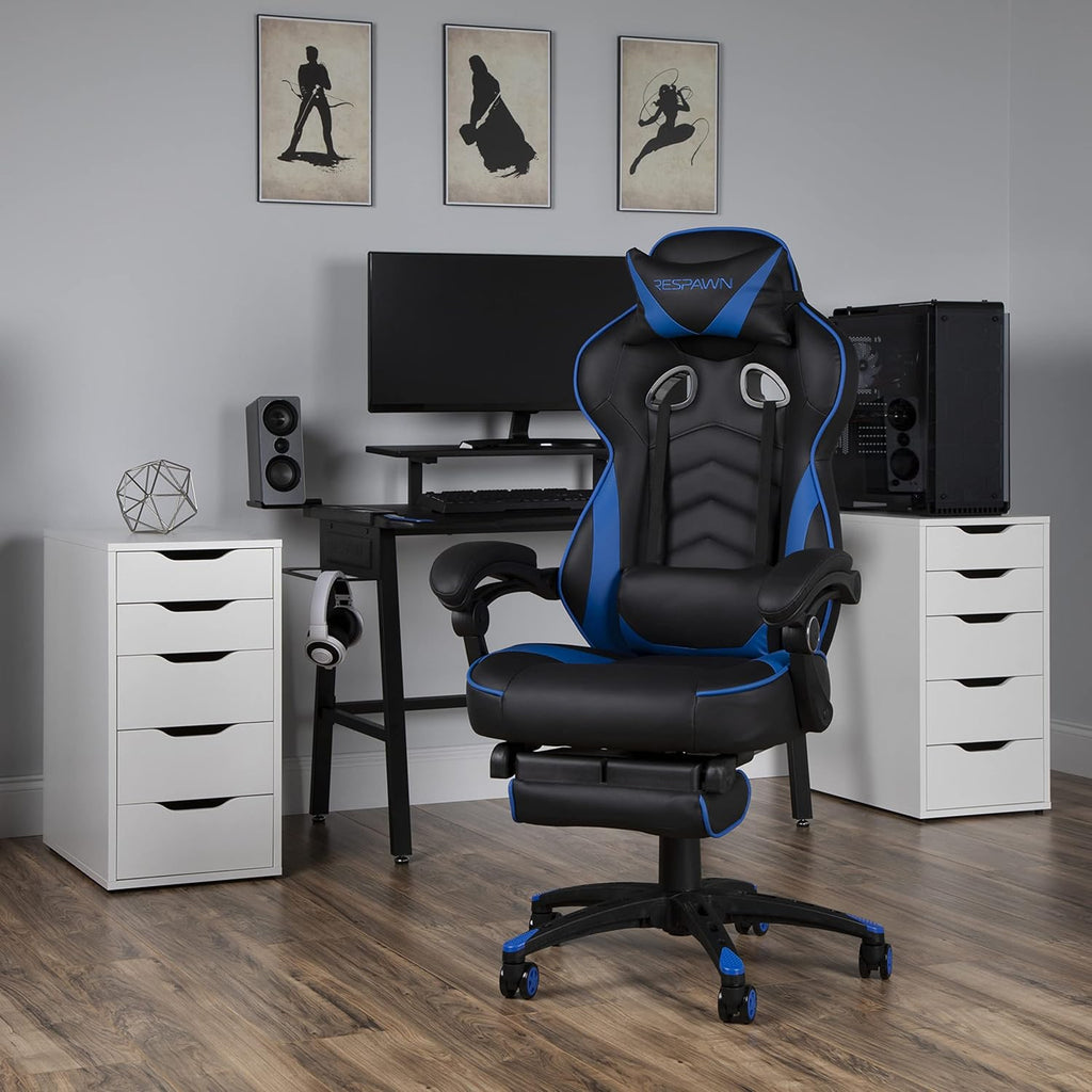 RESPAWN 110 Ergonomic Gaming Chair with Footrest Recliner - Racing Style High Back PC Computer Desk Office Chair - 360 Swivel, Adjustable Lumbar Support, Headrest Pillow, Padded Armrests - 2019 Blue