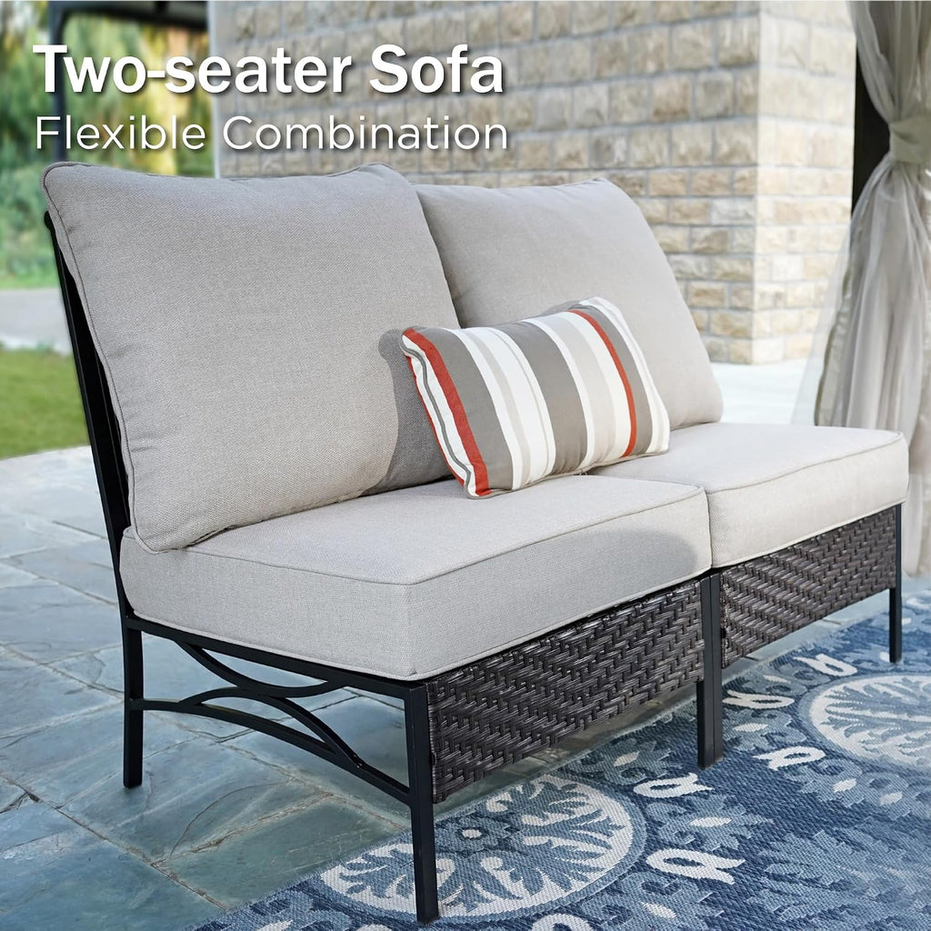 PHI VILLA Patio Sofa Outdoor Furniture, All-Weather Rattan & Metal 2 Seater Sofa with Cushions & Lumbar Pillows, Arm Lounge Loveseat for Patio, Balcony, Backyard, Deck, Poolside