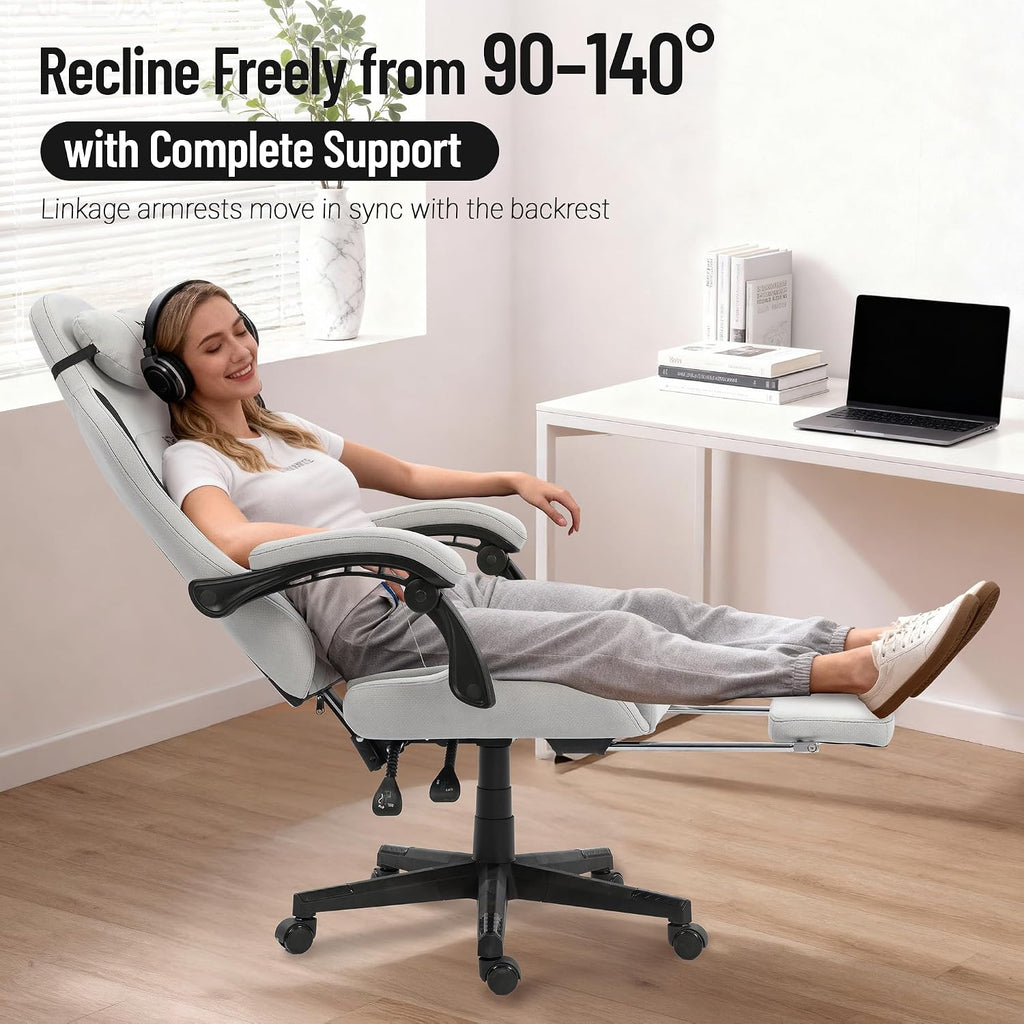 Big and Tall Gaming Chair Fabric with Pocket Spring Cushion, High Back Heavy Duty Gaming Chairs for Adults with Massage Lumbar Support, Ergonomic Computer Chair with Footrest for 400LBS Gray