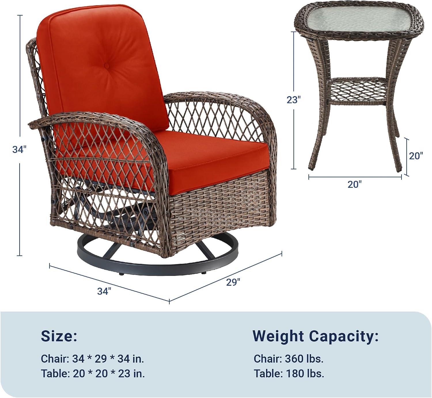 Allewie Patio Furniture Set, 3 Piece Wicker Patio Bistro Set Swivel Rocking Chairs Set of 2 with Coffee Table Outdoor Rattan Conversation Chairs for Porch Backyard Poolside, Red