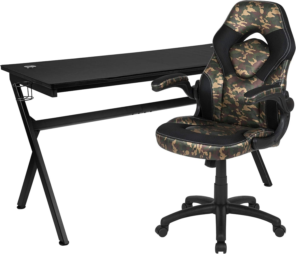 Flash Furniture Gaming Desk and Camouflage/Black Racing Chair Set /Cup Holder/Headphone Hook/Removable Mouse Pad Top - 2 Wire Management Holes