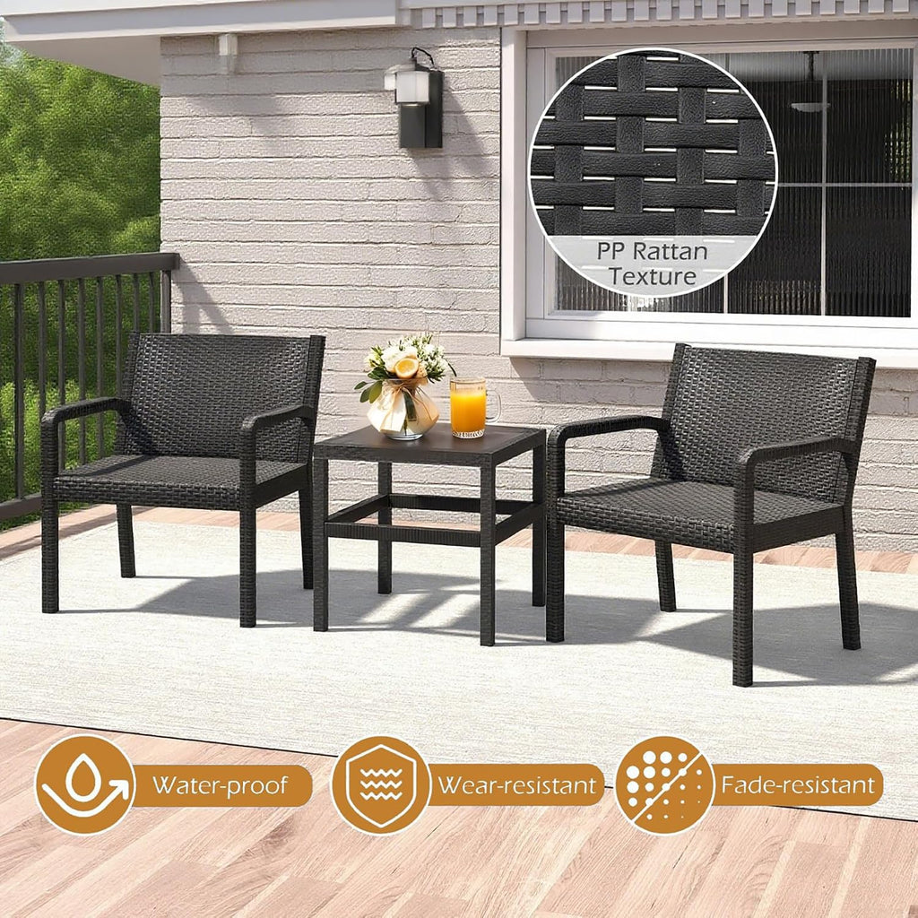 COSTWAY 3 Piece Patio Furniture Set, Outdoor PP Rattan Wicker Furniture Set with 2 Modern Rattan Armchair and 25' Squire Side Table for Patio, Garden, Poolside, Bistro, Black