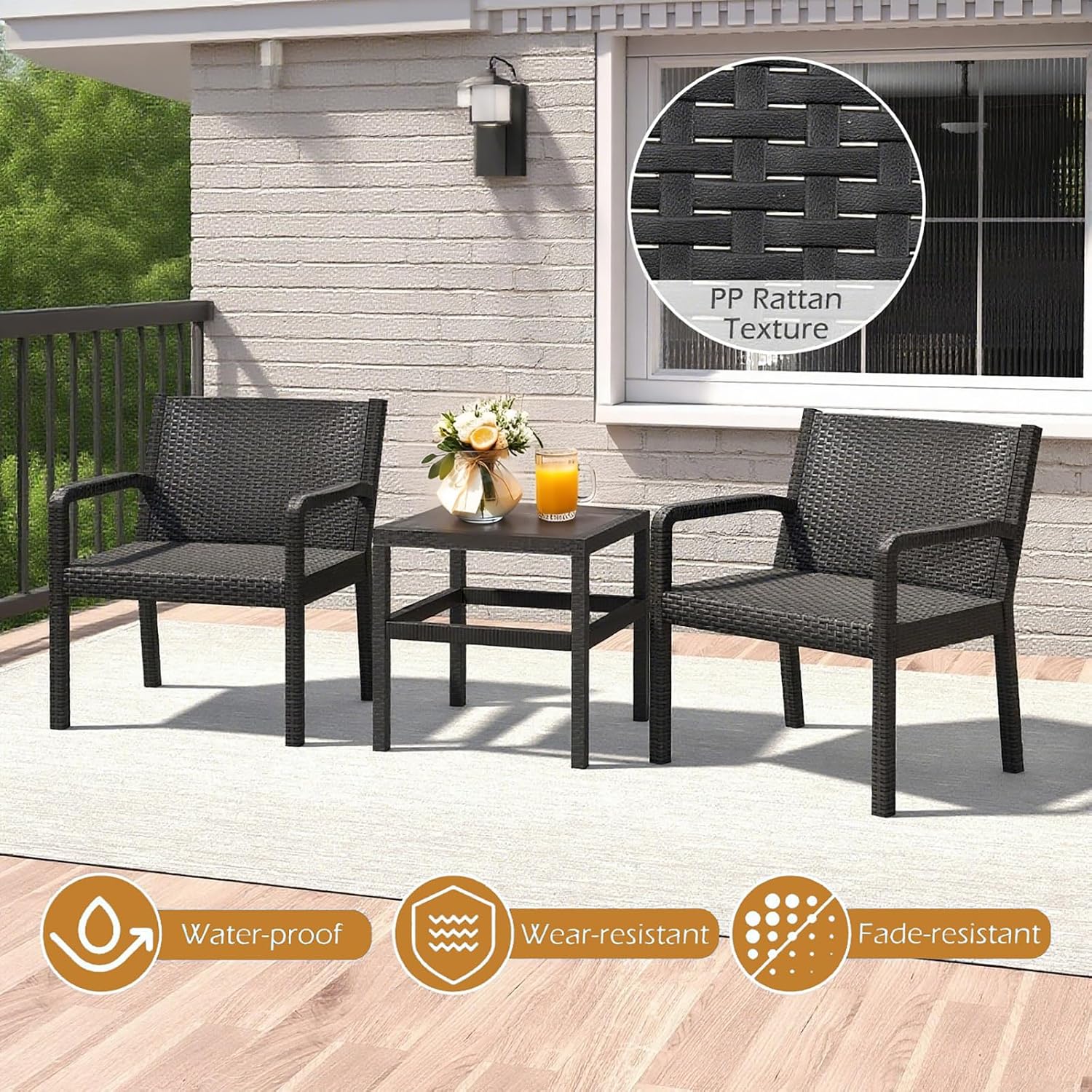 COSTWAY 3 Piece Patio Furniture Set, Outdoor PP Rattan Wicker Furniture Set with 2 Modern Rattan Armchair and 25' Squire Side Table for Patio, Garden, Poolside, Bistro, Black