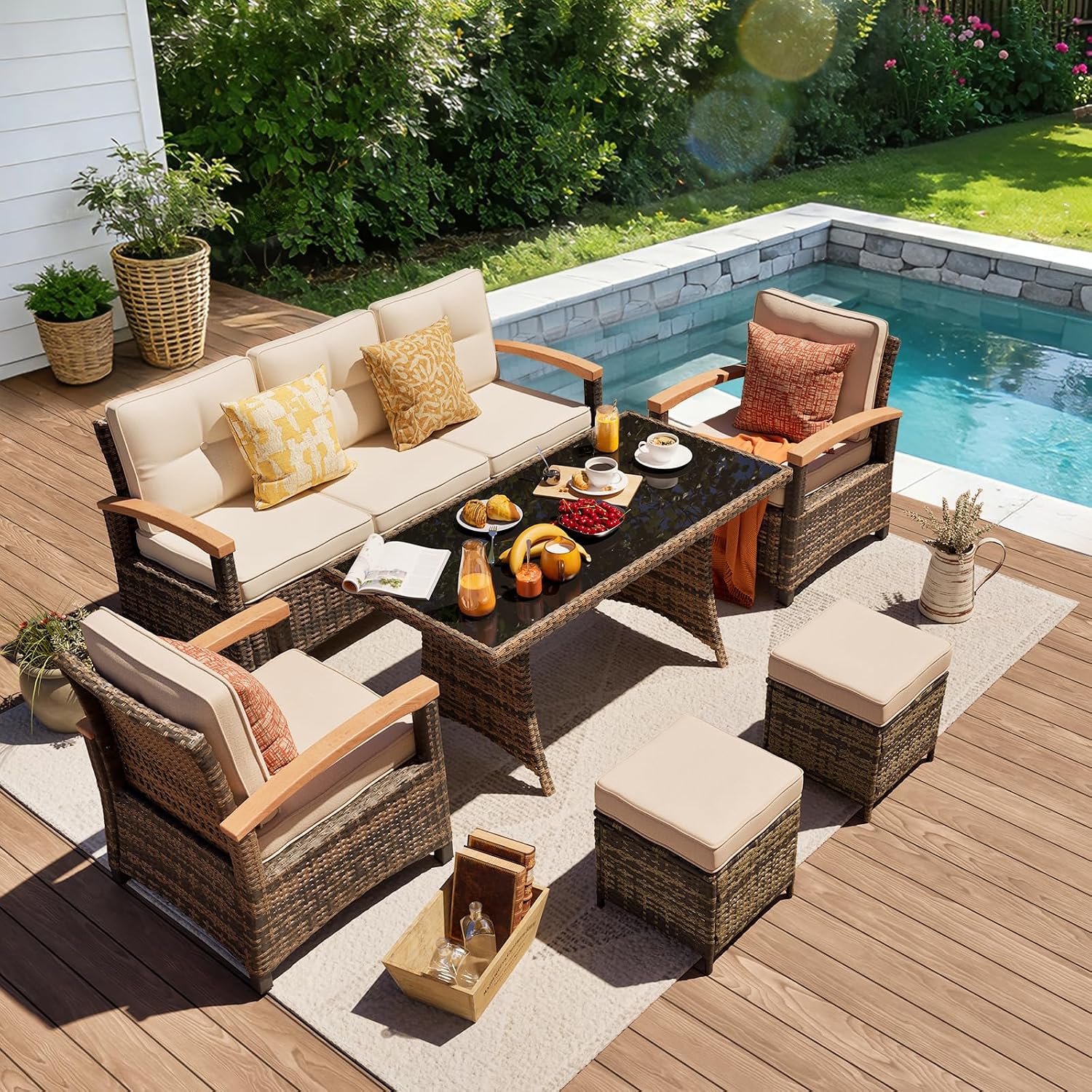 MEISSALIVVE 6 Pieces Patio Furniture Sets, PE Wicker Outdoor Conversation Sets with 2 Wood Armrests Single Chairs, 2 Ottomans and Dining Table (Beige)