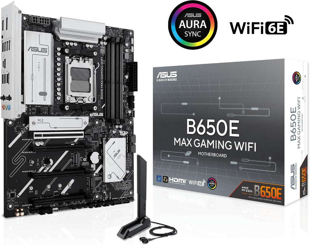 ASUS B650E MAX Gaming WiFi AMD B650 ATX Motherboard, DDR5, PCIe 5.0 Ready, 3X M.2 Slots, Wi-Fi 6E, Realtek 2.5Gb Ethernet, DisplayPort, HDMI™, USB 10Gbps Type-A & Type-C®, BIOS Flashback™, Aura Sync