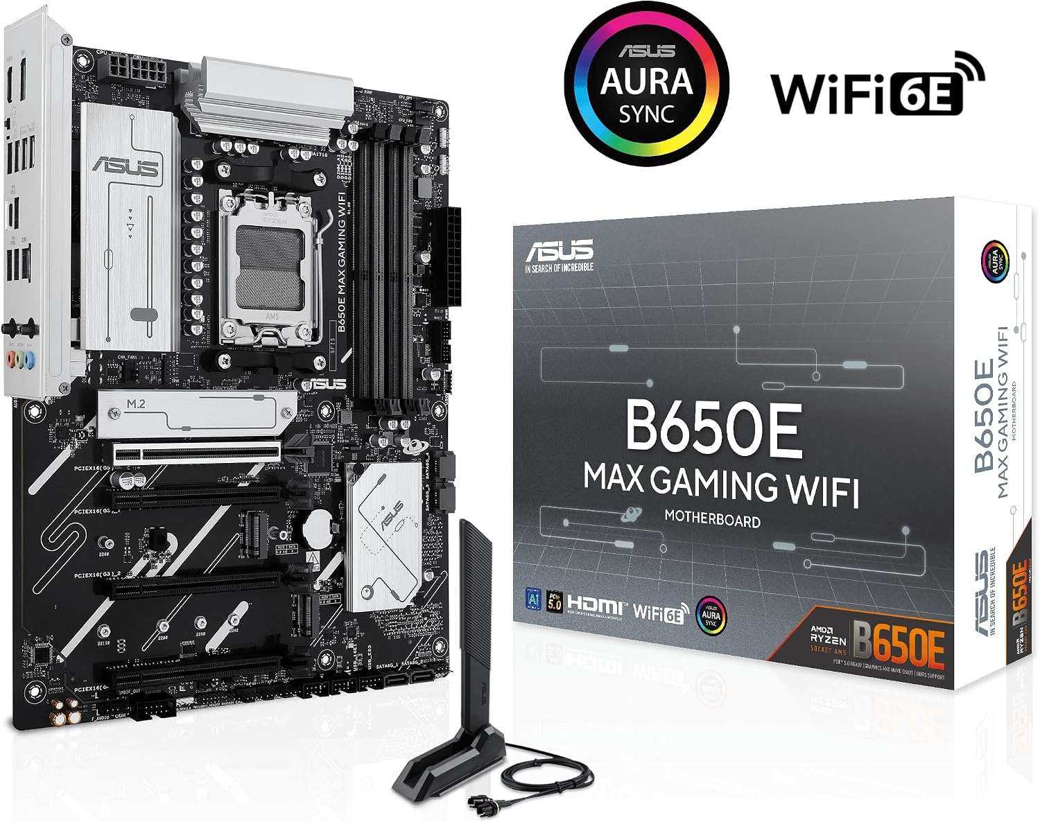 ASUS B650E MAX Gaming WiFi AMD B650 ATX Motherboard, DDR5, PCIe 5.0 Ready, 3X M.2 Slots, Wi-Fi 6E, Realtek 2.5Gb Ethernet, DisplayPort, HDMI™, USB 10Gbps Type-A & Type-C®, BIOS Flashback™, Aura Sync