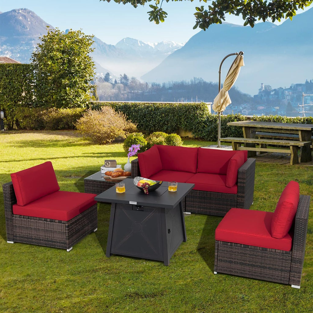 Tangkula 6-Piece Patio Furniture Set with 30' Propane Fire Pit Table, Outdoor PE Wicker Conversation Set with Cushions and Tempered Glass Coffee Table, Gas Fire Pit Table with 50,000 BTU (Red)
