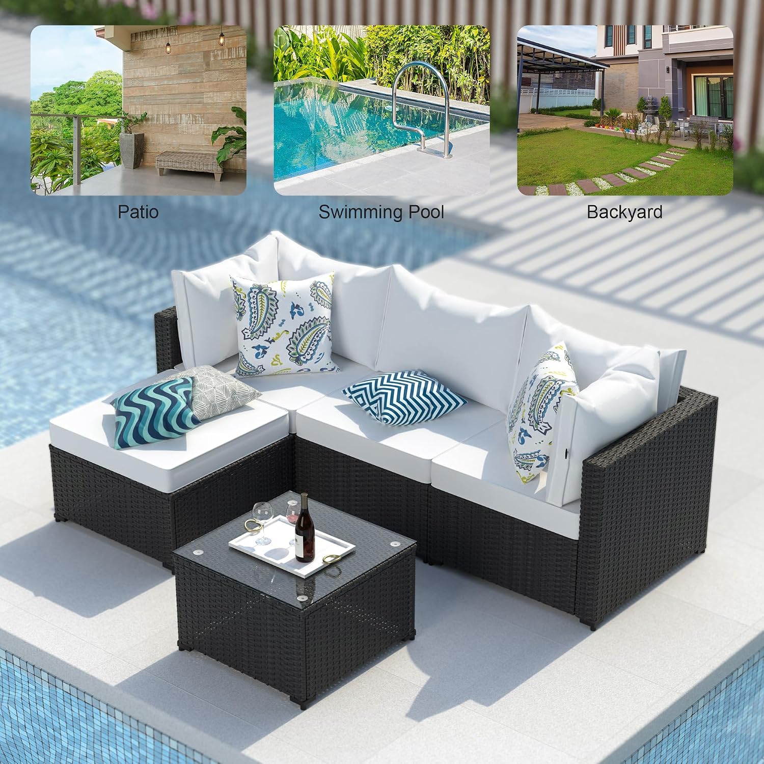 GOJOOASIS Patio Furniture Set Outdoor Sectional Sofa with Ottoman Wicker Couch Rattan Modular Seating Conversation Sets Porch Decor for Backyard, Balcony, Garden (White)