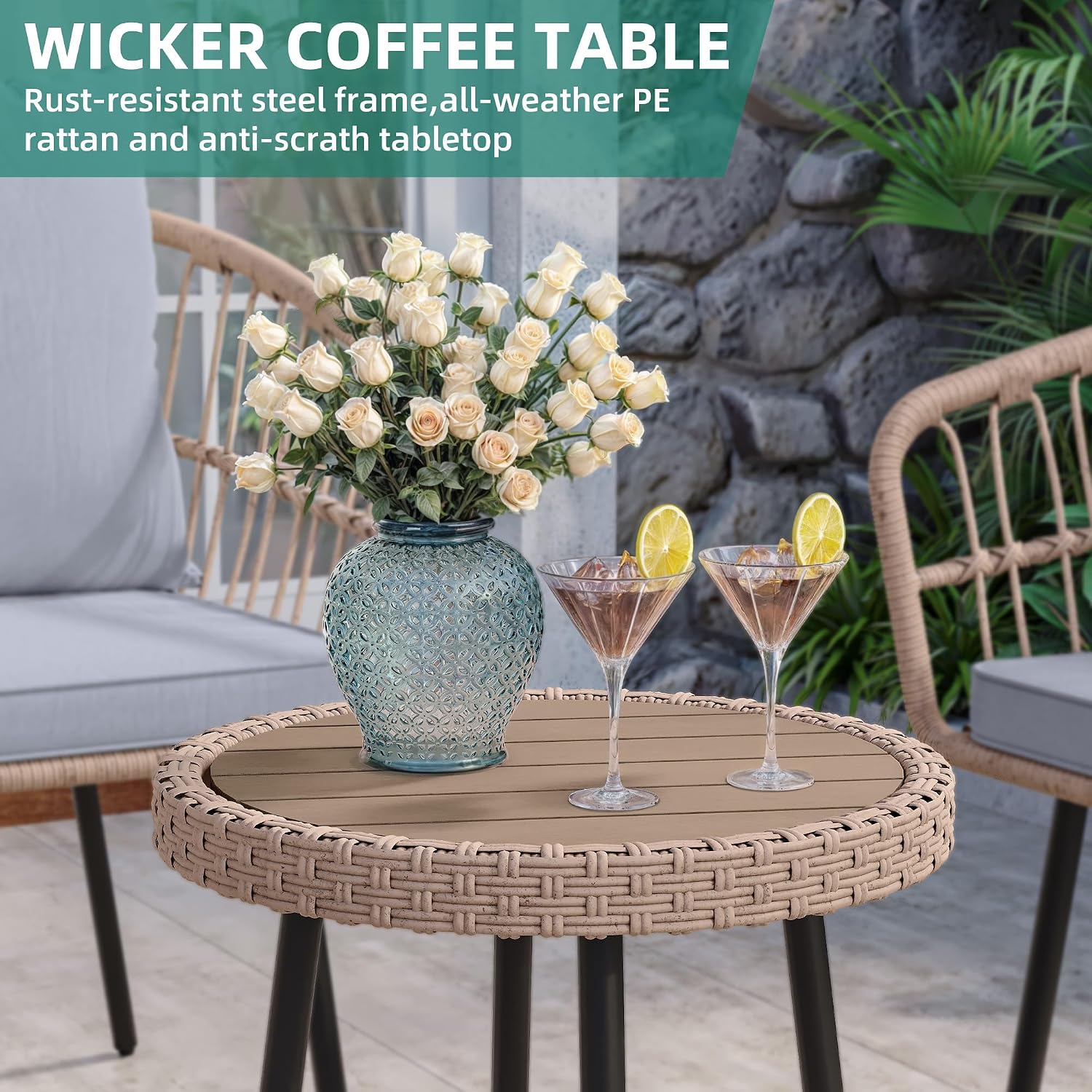 YITAHOME 3 Pieces Outdoor Bistro Set, All-Weather Wicker Patio Furniture Set, Rattan Conversation Set with Table and Chair for Balcony, Backyard, Pool, Porch, Deck - Grey