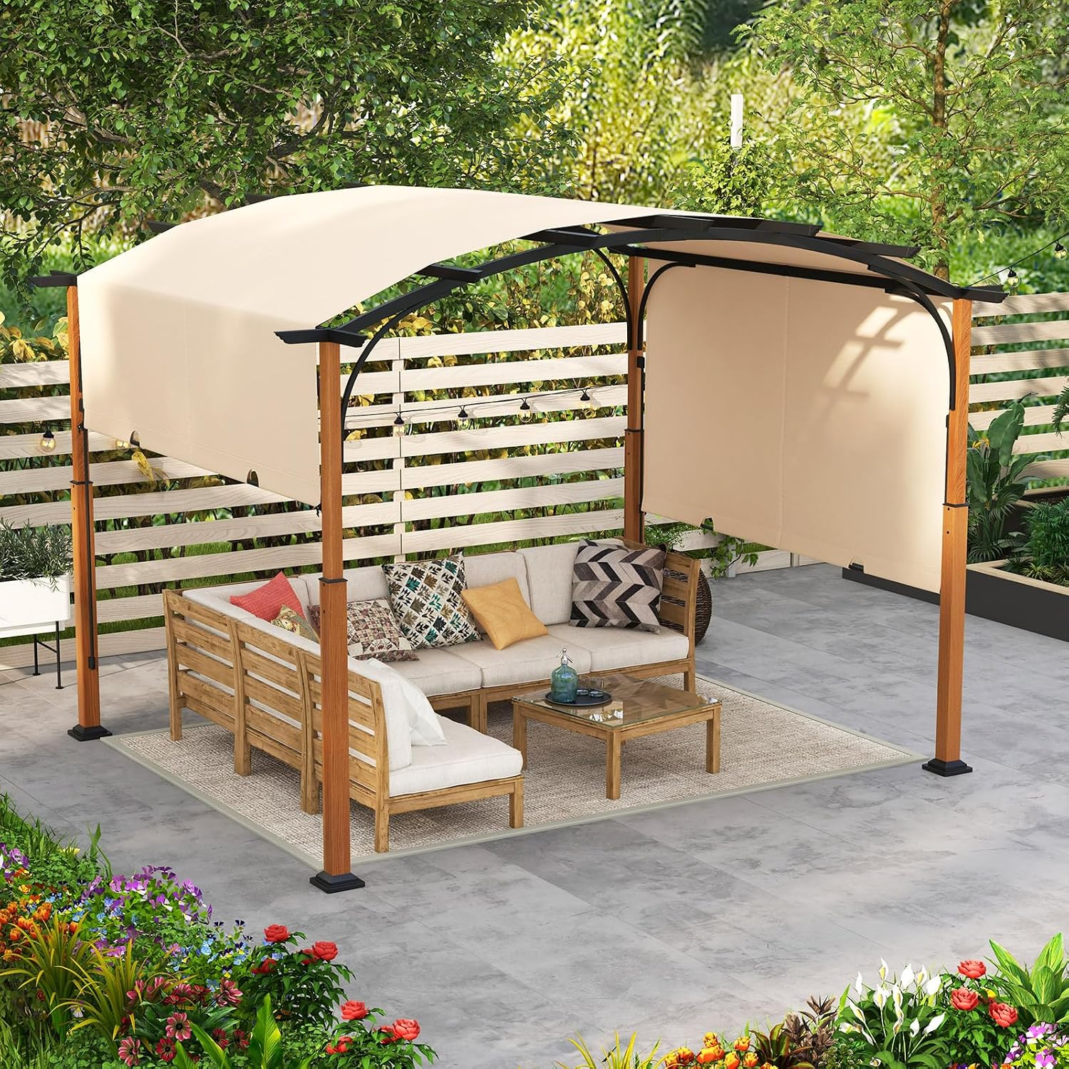 Tangkula Arched Patio Shelter Pavilion with Retractable Sun Shade Canopy, Extra Large Outdoor Pergola for Deck, Porch, Garden, Yard (Beige)