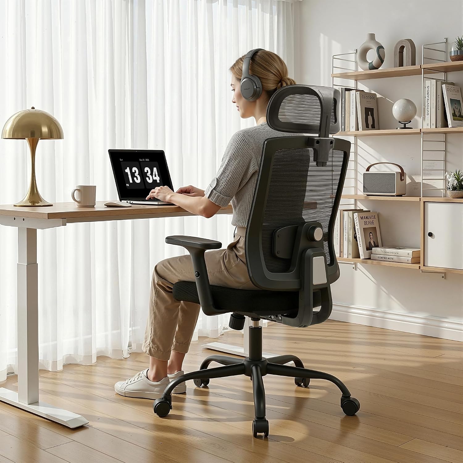 Ergonomic Office Chair Mesh Back, Office Desk Chair with Adjustable Lumbar Support, Rolling Work Chairs with Wheels and 3D Headrest, Set of 2, Black