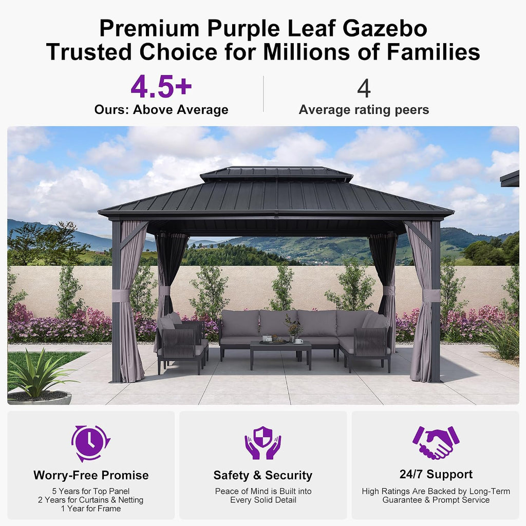 PURPLE LEAF 10' X 14' Outdoor Gazebo with Dual-Layer Galvanized Steel Double Roof for Patio Lawn Garden Aluminum Gazebo with Netting and Curtains Grey