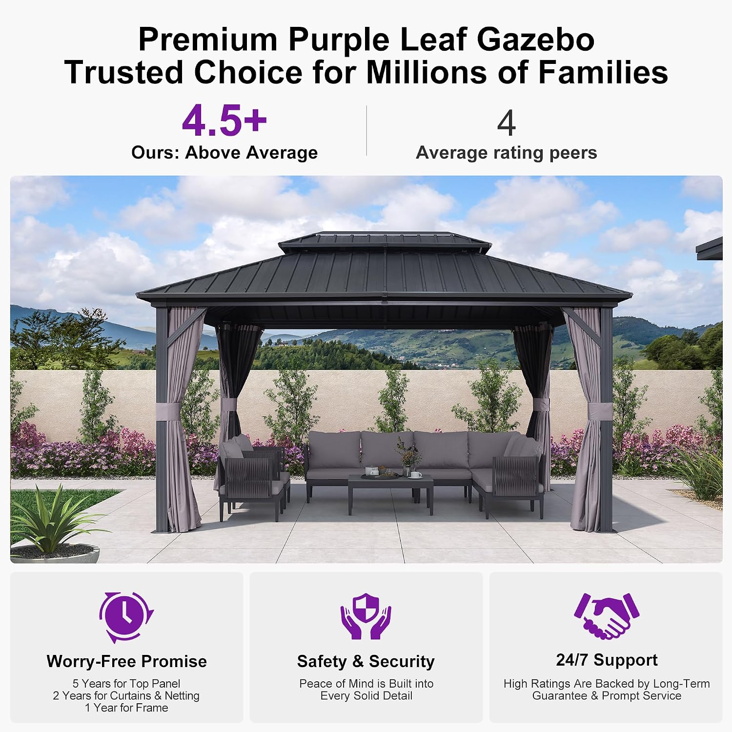 PURPLE LEAF 10' X 14' Outdoor Gazebo with Dual-Layer Galvanized Steel Double Roof for Patio Lawn Garden Aluminum Gazebo with Netting and Curtains Grey