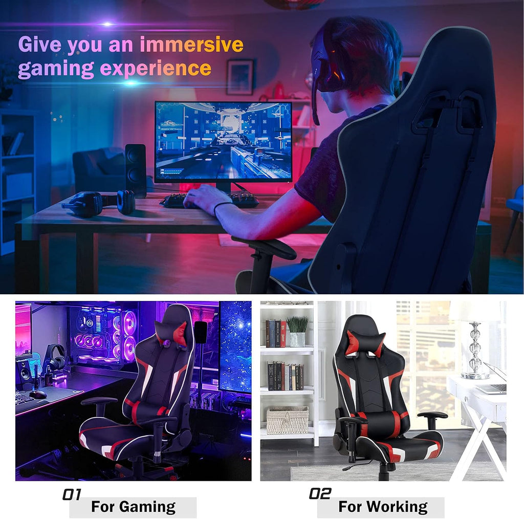 GYMAX Gaming Chair, Massage Gaming Chairs for Adults with Headrest, Lumbar Support & Armrest, Video Computer Reclining Gaming Chair, Office Desk Gamer Task Chair (Red)