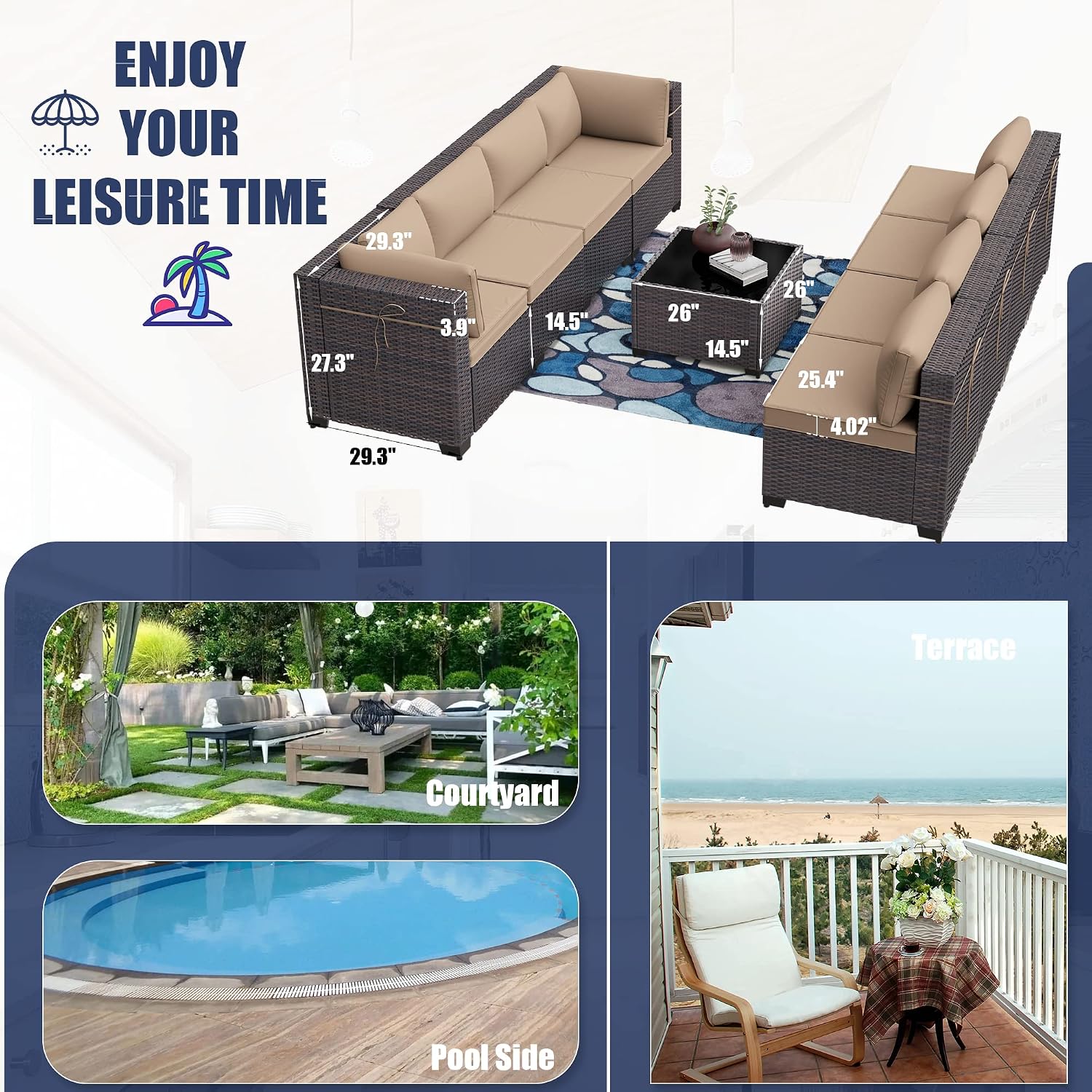 Kurapika 7 Pieces Patio Furniture Set, Rattan Wicker Outdoor Conversation Sets w/4 Inch Cushion and Glass Coffee Table(Sand)