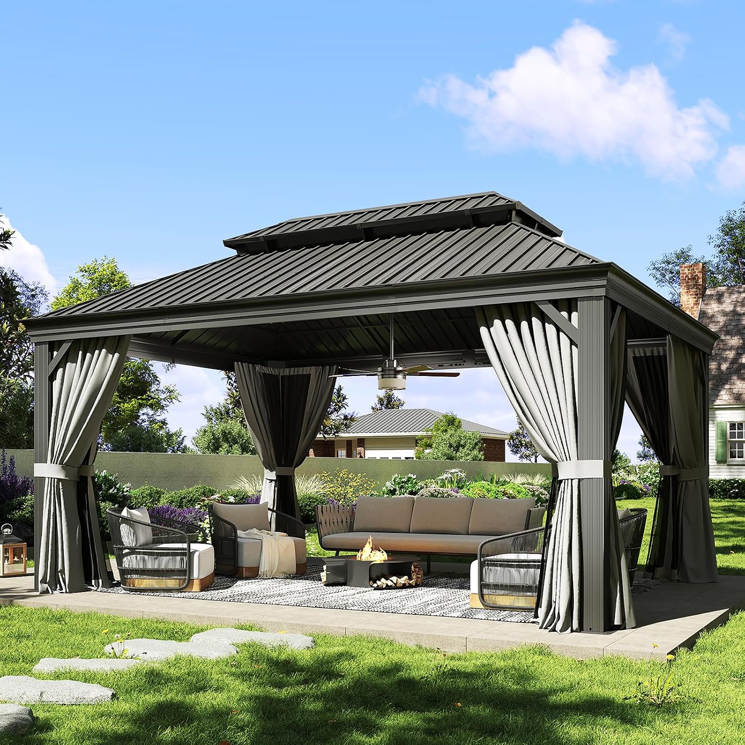 Aoxun 12' x 16' Permanent Hardtop Gazebo with Galvanized Steel Double Roof and Aluminum Frames Outdoor Large Pavilion Gazebo for Patio Deck Garden, Nettings and Curtains Included, Gray