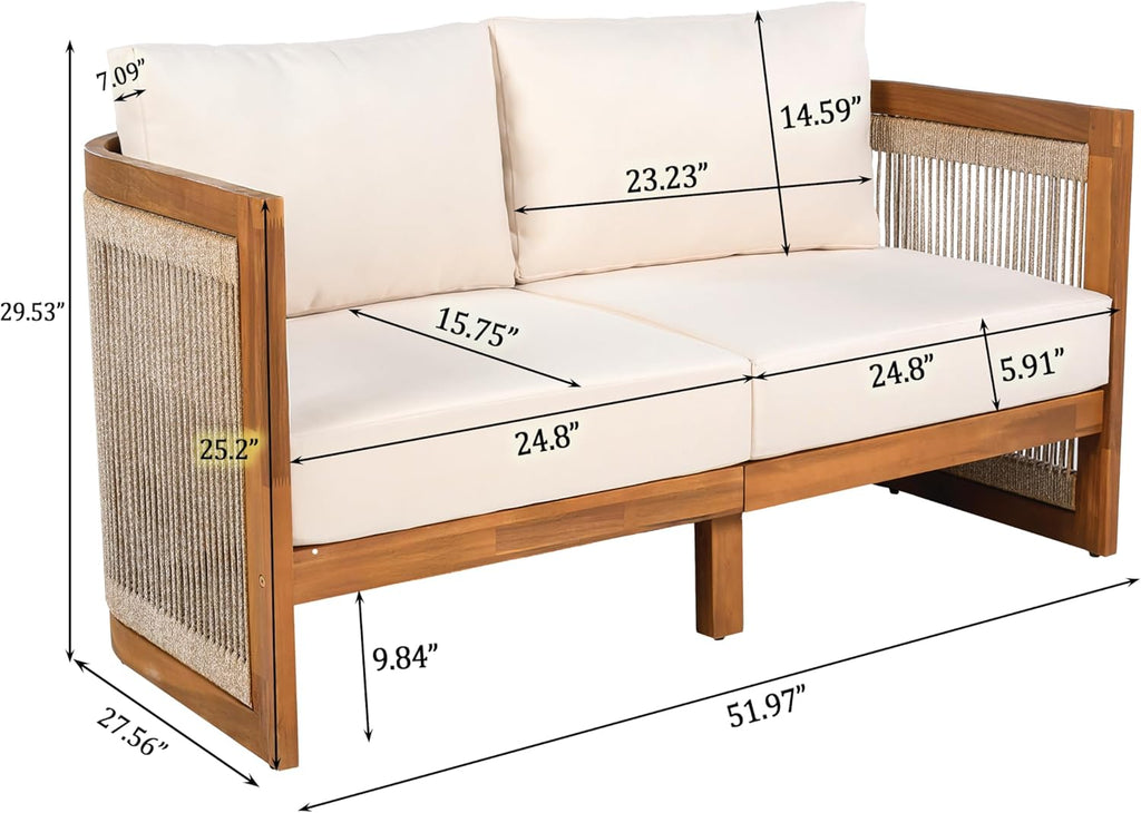 Christopher Knight Home Nesbit 4 Pieces Conversation Set, Acacia Wood Chat Set, Woven Rope Loveseat and Accent Chairs, Slat Panel Coffee Table, Patio Furniture Set for Backyard Balcony Garden, Beige