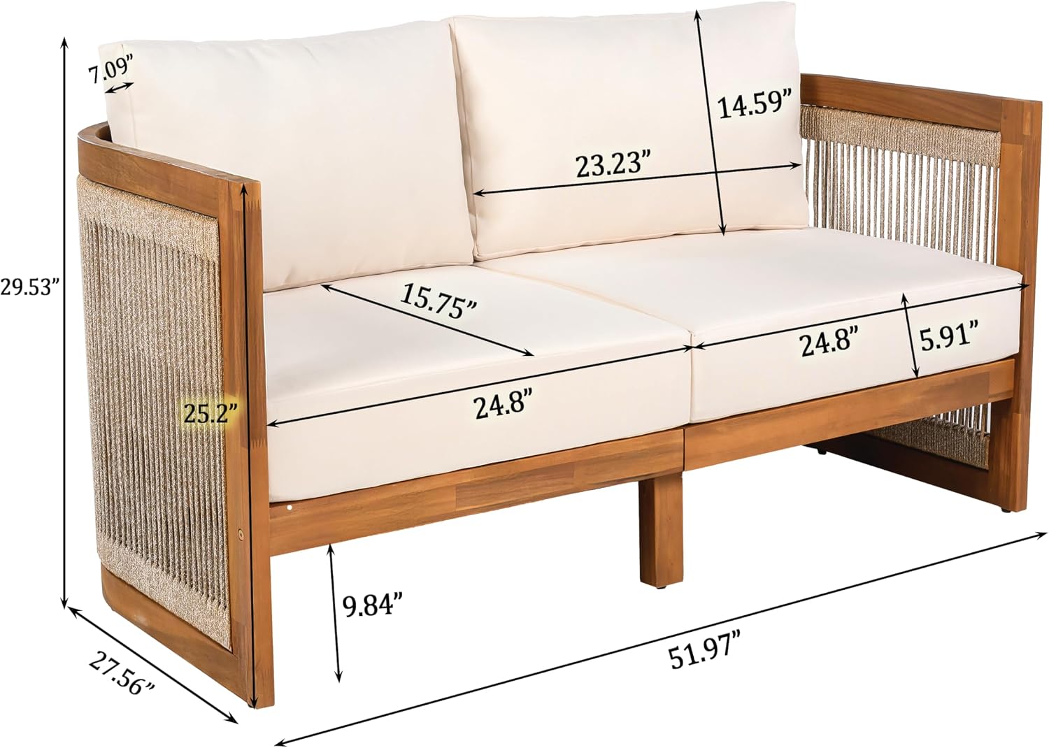 Acacia Wood Patio Multi-Person Sofa Set with Round Coffee Table and Woven Rope Accents, All-Weather Conversation Set Outdoor Seating Group for Garden Backyard Poolside Balcony (Teak+Beige)