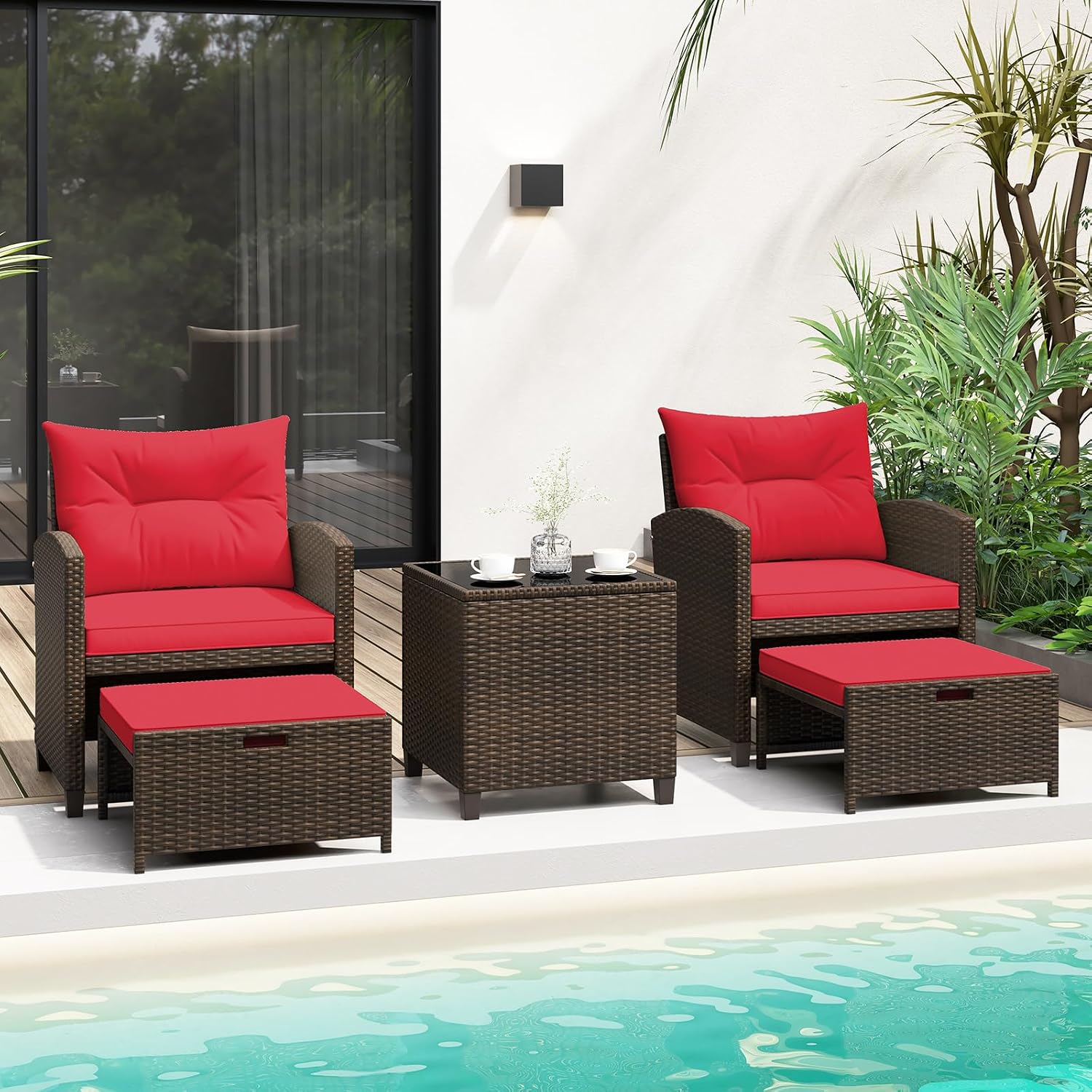 KOTEK 5 Pieces Patio Furniture Set with Ottomans, Wicker Patio Conversation Set with Coffee Table & Cushions, PE Rattan Outdoor Lounge Chairs for Backyard, Porch, Poolside (Mix Brown- Red)