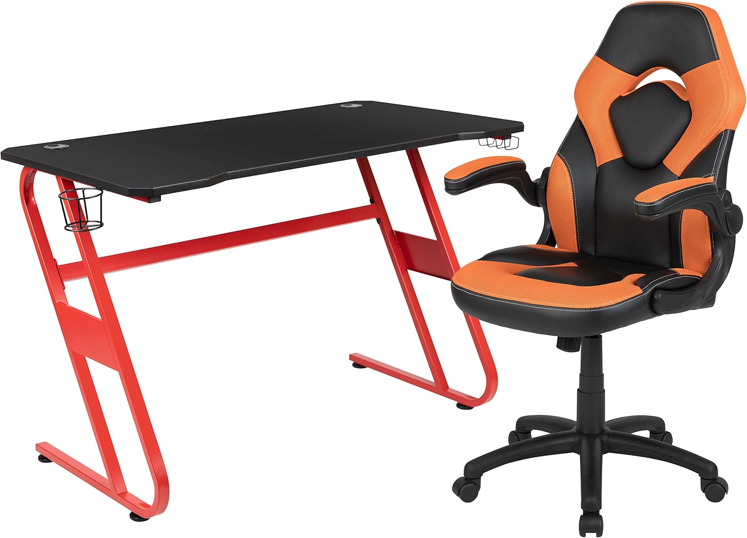 Flash Furniture Red Gaming Desk and Orange/Black Racing Chair Set with Cup Holder and Headphone Hook