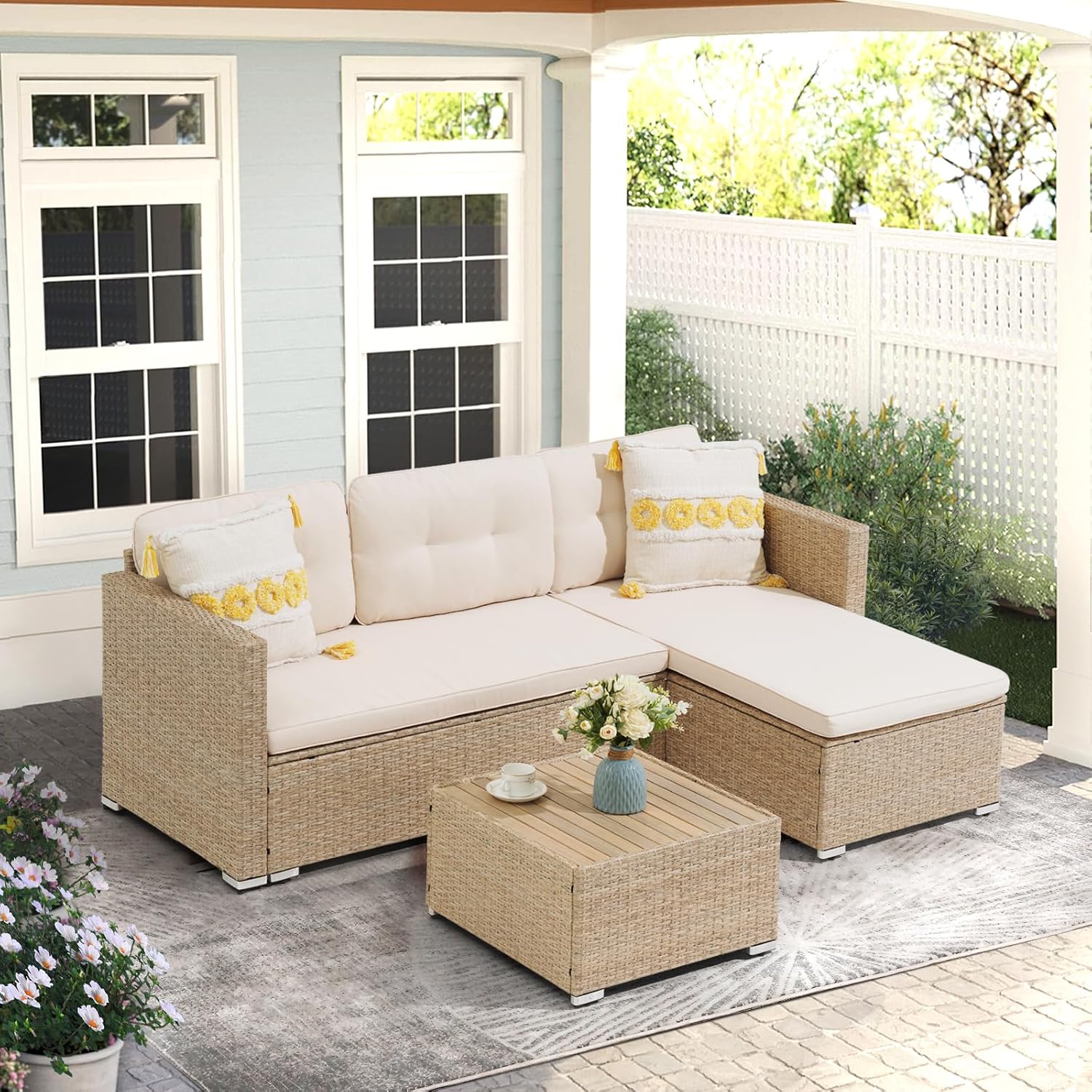 JOIVI 3 Piece Patio Furniture Set, L Shaped Wicker Rattan Outdoor Sectional Couch Conversation Set with Cushions & Wooden Top Coffee Table, All Weather Patio Sofa Set for Balcony or Porch, Beige