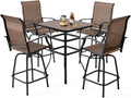 NUU GARDEN 5-Piece Outdoor Bar Set - 4 Swivel High Back Textilene Bar Stools & Metal Table with Faux Wood Top, Weather-Resistant Patio Furniture for Backyard, Porch, Garden, Black & Brown