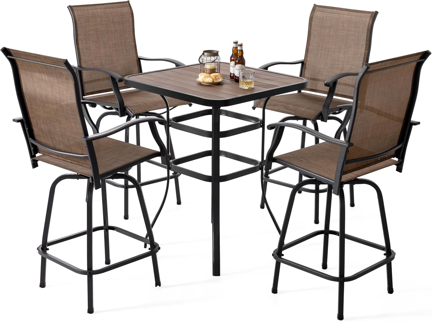 NUU GARDEN 5-Piece Outdoor Bar Set - 4 Swivel High Back Textilene Bar Stools & Metal Table with Faux Wood Top, Weather-Resistant Patio Furniture for Backyard, Porch, Garden, Black & Brown