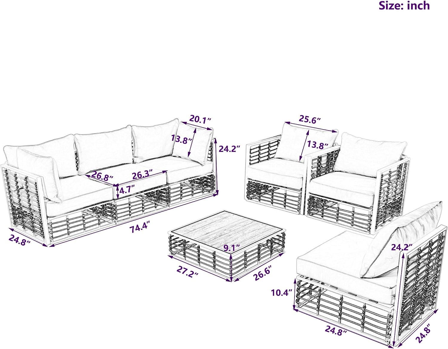 LUMISOL 7 Piece Patio Furniture Set, Metal Outdoor Sectional Sofa, All Weather Garden Conversational Furniture Set with Thick Cushions and Coffee Table for Indoor, Outdoor, Grey