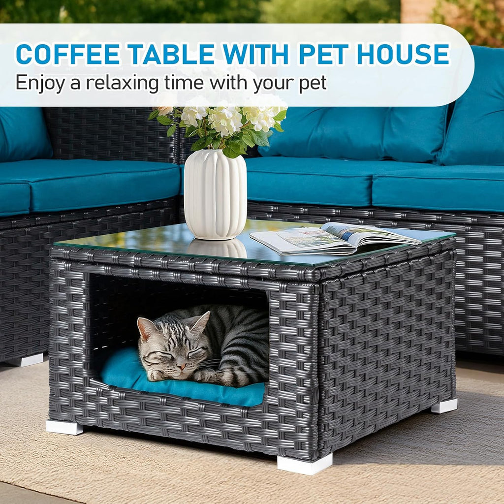 Outvita 4 Piece Outdoor Patio Furniture Set, PE Rattan Conversation Sofa Set, Wicker All-Weather Outside Furniture w/Glass Top Coffee Table with Pet Ped & Hidden Storage for Garden, Balcony (Black)
