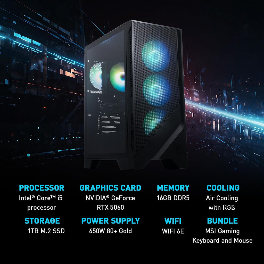 msi Codex R2 Gaming Desktop: Intel Core i5-14400F, Geforce RTX 5060, 16GB DDR5, 1TB m.2 NVMe SSD, 80+ Gold PSU, WiFi 6E, ARGB Fan Air Cooling, Windows 11 Home: A14NVL5-454US
