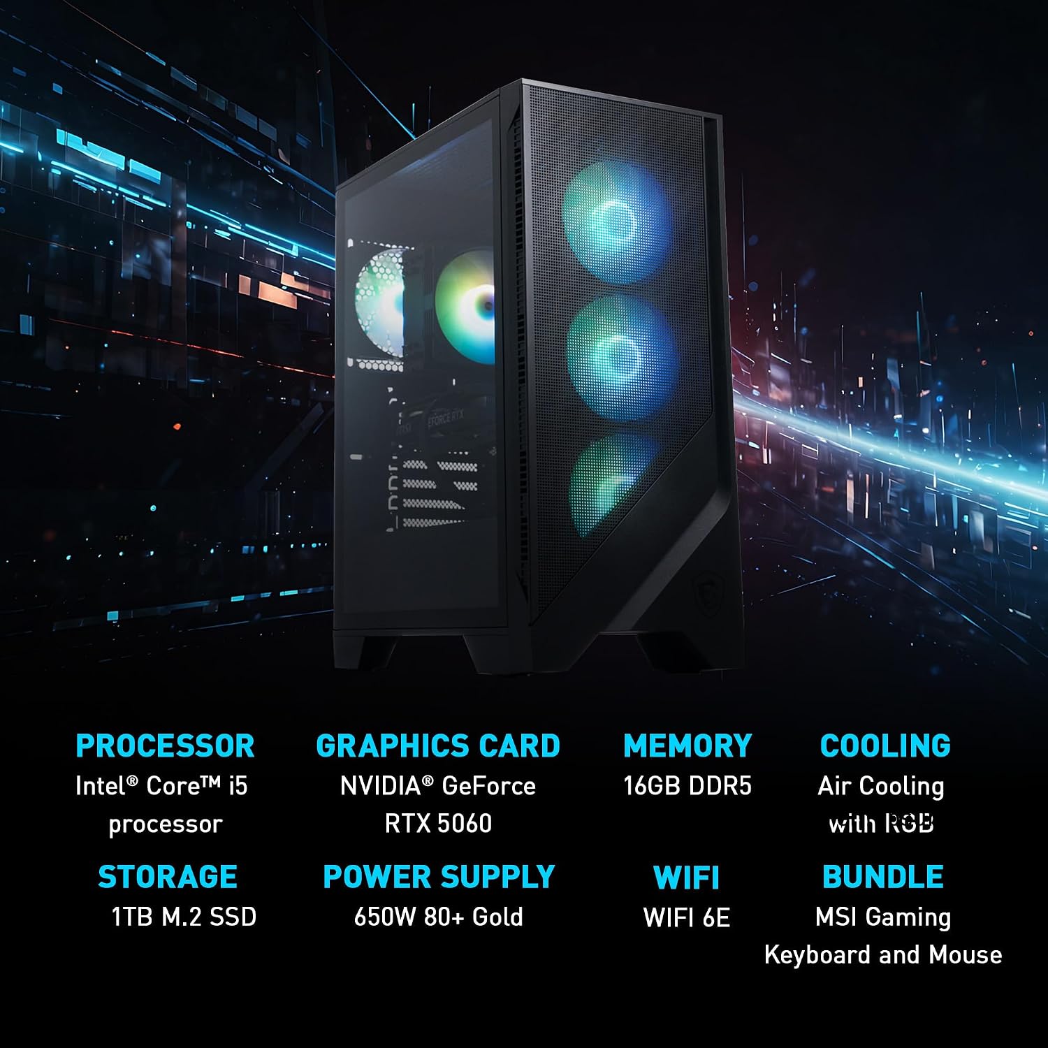 msi Codex R2 Gaming Desktop: Intel Core i5-14400F, Geforce RTX 5060, 16GB DDR5, 1TB m.2 NVMe SSD, 80+ Gold PSU, WiFi 6E, ARGB Fan Air Cooling, Windows 11 Home: A14NVL5-454US
