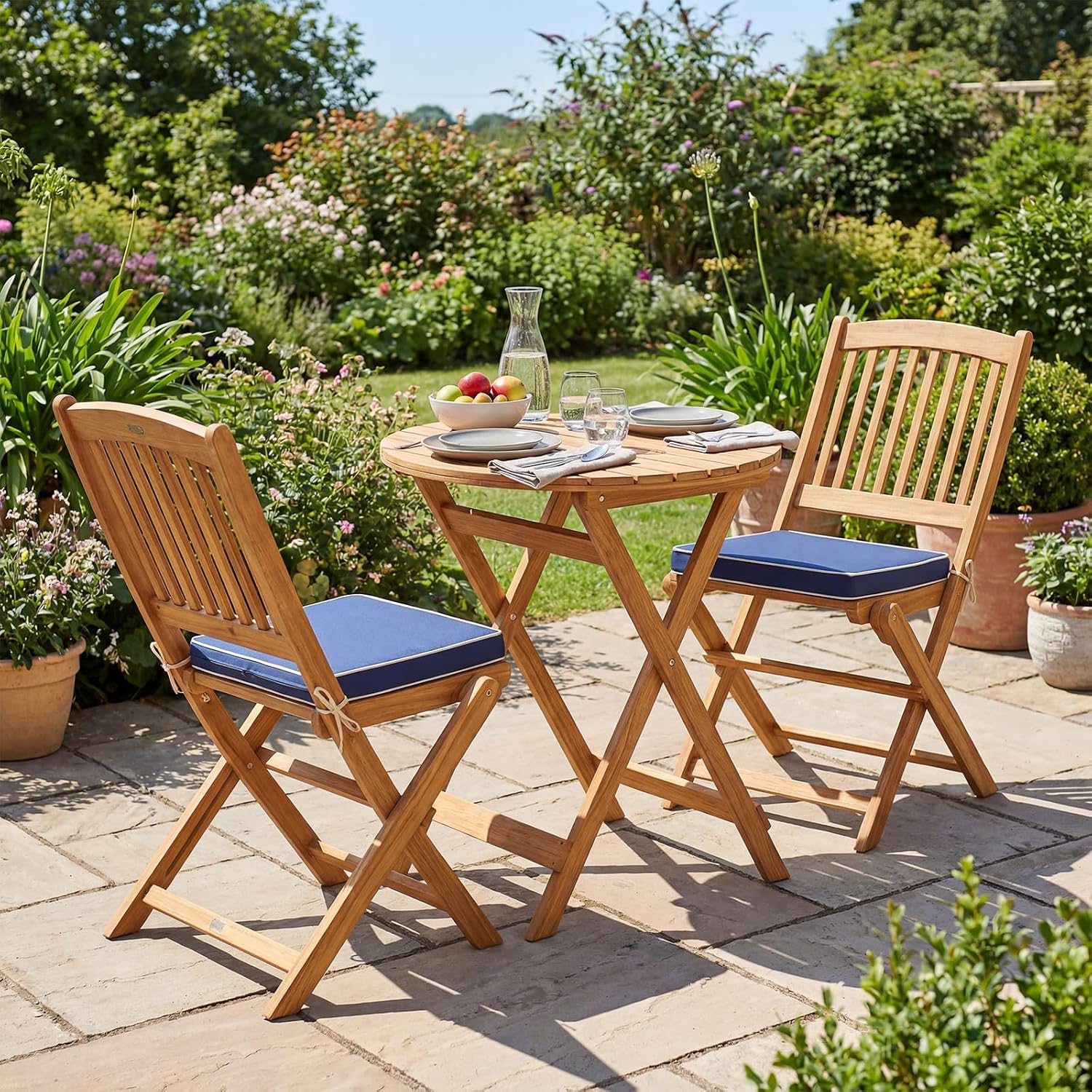 Giantex 3Pcs Patio Bistro Set, Wood Folding Table Set, 2 Cushioned Chairs for Garden Yard, Outdoor Furniture Round Table (Natural & Navy Blue)
