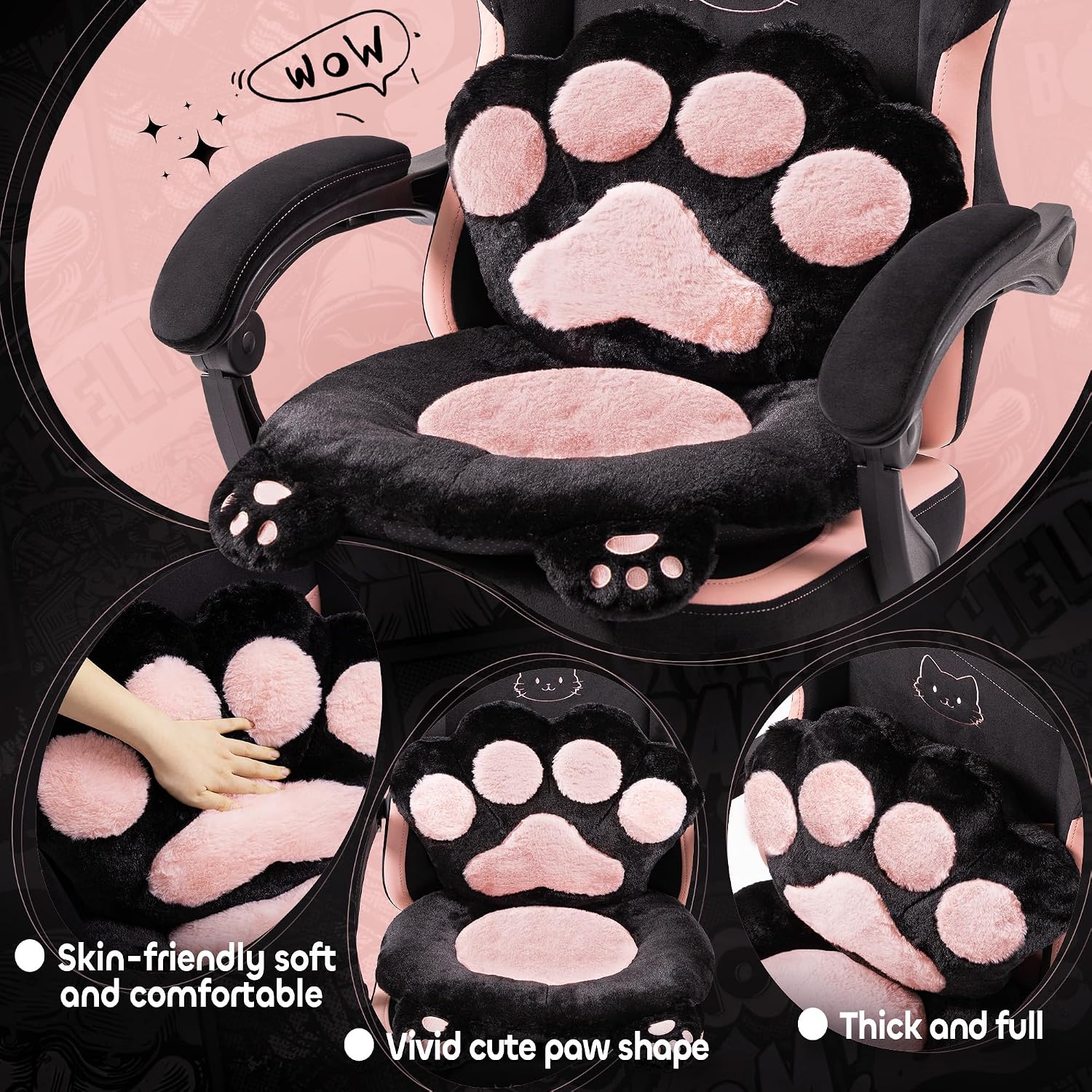 Pink Gaming Chair Cute with Cat Ears Paw Lumbar and Cushion,Ergonomic Computer Chair with Footrest,Reclining PC Game Chair for Girl Computer Chair 300lbs for Adult
