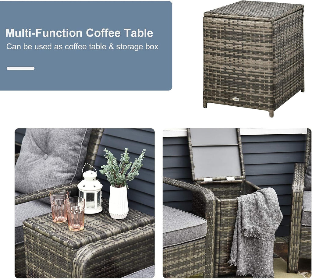 Outsunny 3 Piece Patio Furniture Set, PE Rattan Wicker Storage Table and Chairs w/Tufted Cushions for Outdoor Garden, Backyard, Poolside, Balcony, Gray