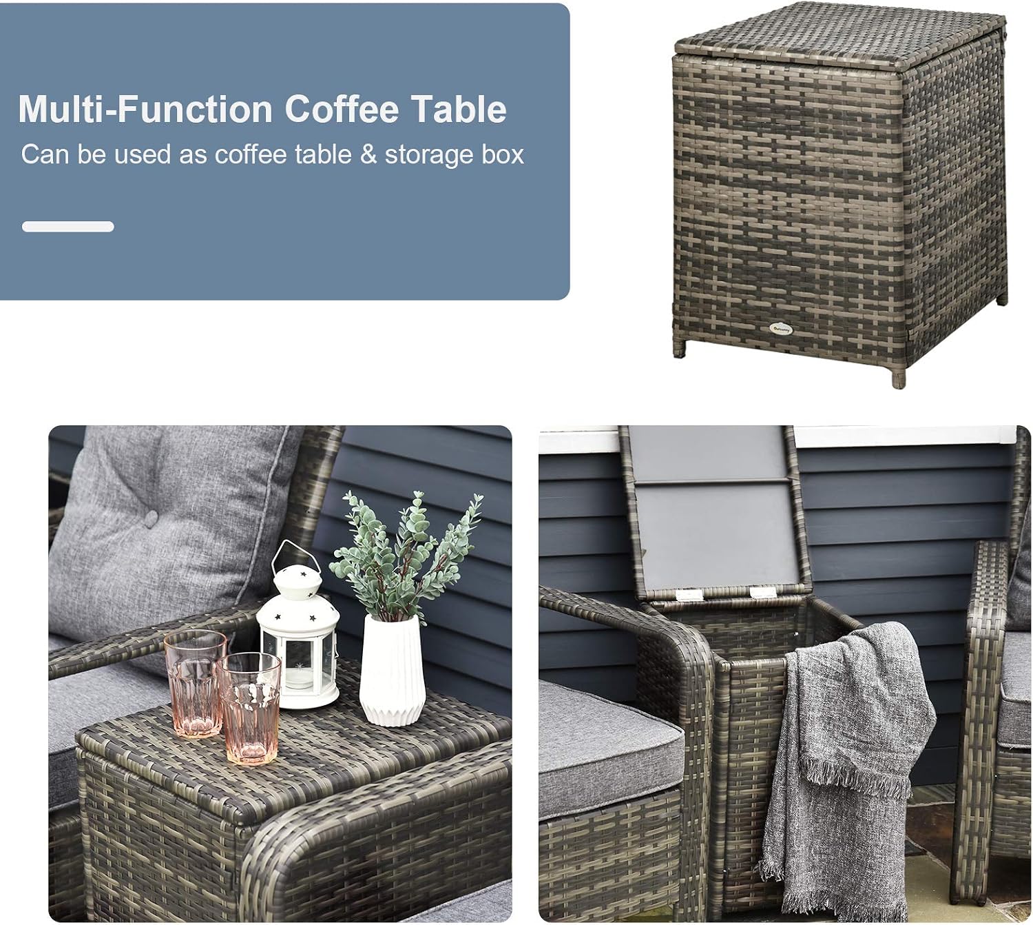 Outsunny 3 Piece Patio Furniture Set, PE Rattan Wicker Storage Table and Chairs w/Tufted Cushions for Outdoor Garden, Backyard, Poolside, Balcony, Gray