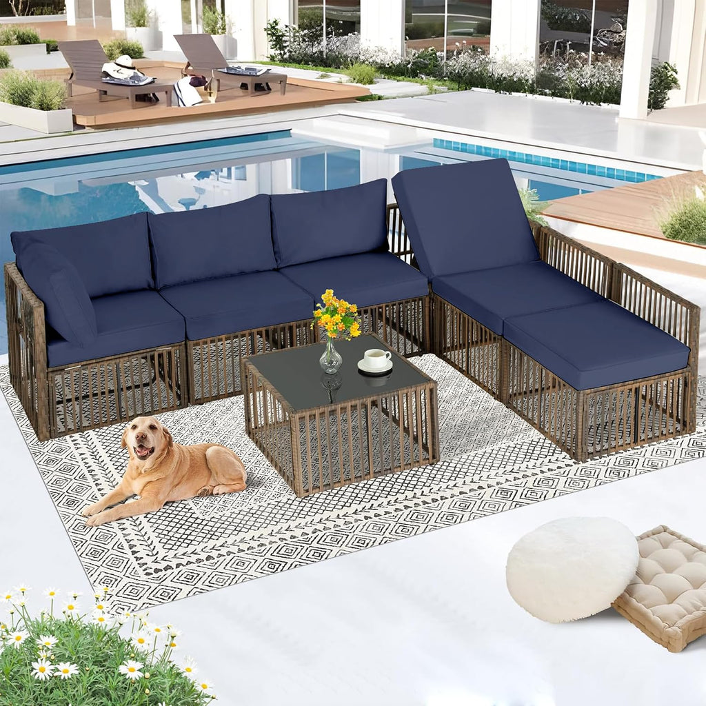 FHFO 7 Piece Patio Furniture Set, Outdoor Wicker Sectional Sofa Conversation Set Couch with Adjustable Backrest, Thick Cushion & Coffee Table for Garden, Porch, Poolside, Brown/Blue