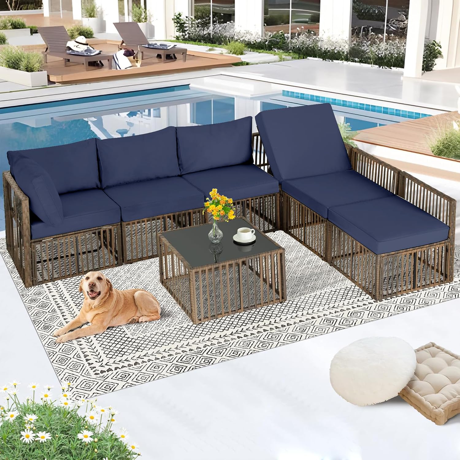 FHFO 7 Piece Patio Furniture Set, Outdoor Wicker Sectional Sofa Conversation Set Couch with Adjustable Backrest, Thick Cushion & Coffee Table for Garden, Porch, Poolside, Brown/Blue