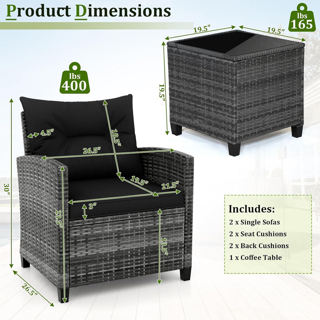 RELAX4LIFE 3 Piece Patio Furniture Set, Wicker Bistro Conversation Set w/2 Cushioned Armchairs & Glass Topped Table, Outdoor Rattan Sofa Set Patio Furniture for Porch Balcony Poolside (Grey-Black)