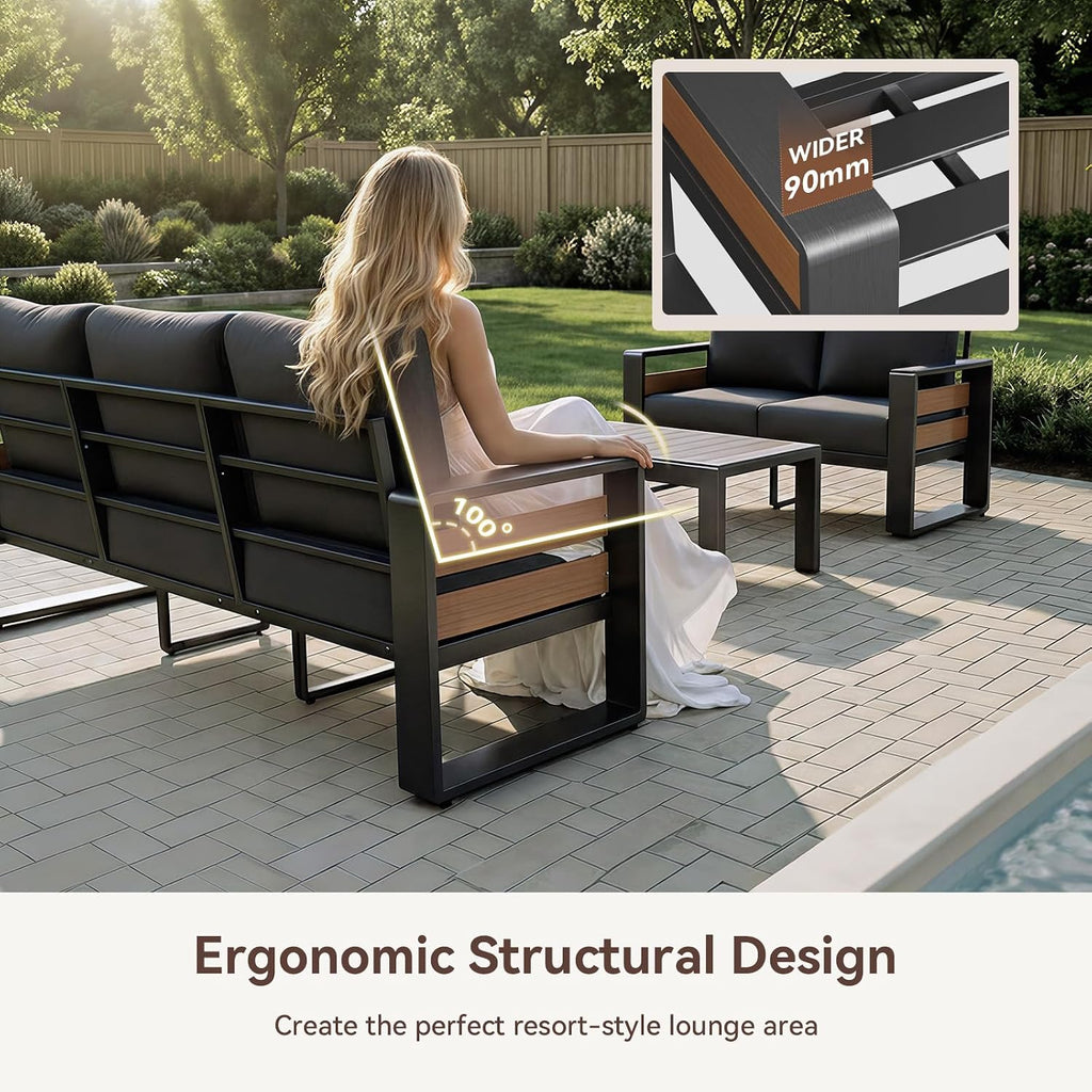 Aoxun Aluminum Outdoor Patio Furniture Set, 3 Seats Metal Sectional Patio Furniture, Modern Outside Sectional Set for Backyard, 3-Seat Sofa ×1, Dark Grey & Dark Grey
