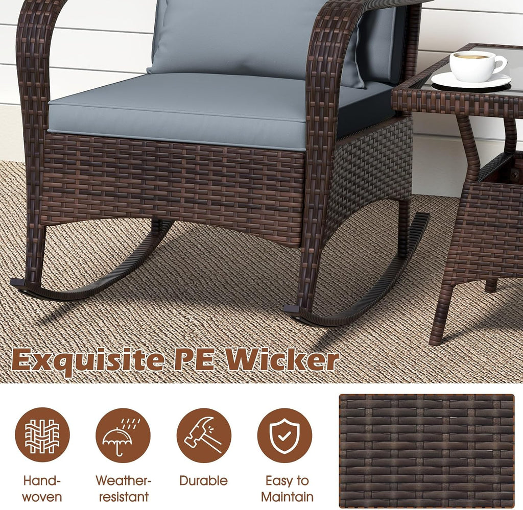 ORALNER 3 Pieces Patio Furniture Set, Outdoor Wicker Rocking Chairs with Cushions, Pillows, Glass Coffee Table, Rattan Bistro Rocker Set for Balcony Front Porch Poolside Garden Deck Yard (Grey)