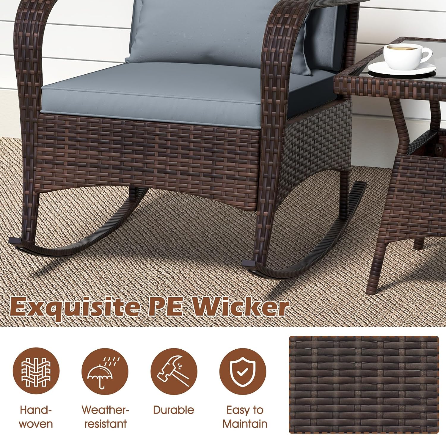 ORALNER 3 Pieces Patio Furniture Set, Outdoor Wicker Rocking Chairs with Cushions, Pillows, Glass Coffee Table, Rattan Bistro Rocker Set for Balcony Front Porch Poolside Garden Deck Yard (Grey)