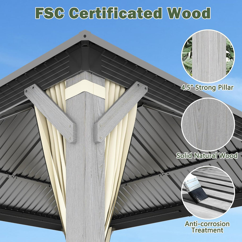 12'x12' Hardtop Wood Gazebo, Outdoor Double Roof Galvanized Steel Top Gazebo with Wooden Post, Curtains & Netting for Backyard, Patio, Deck (12x12 FT)