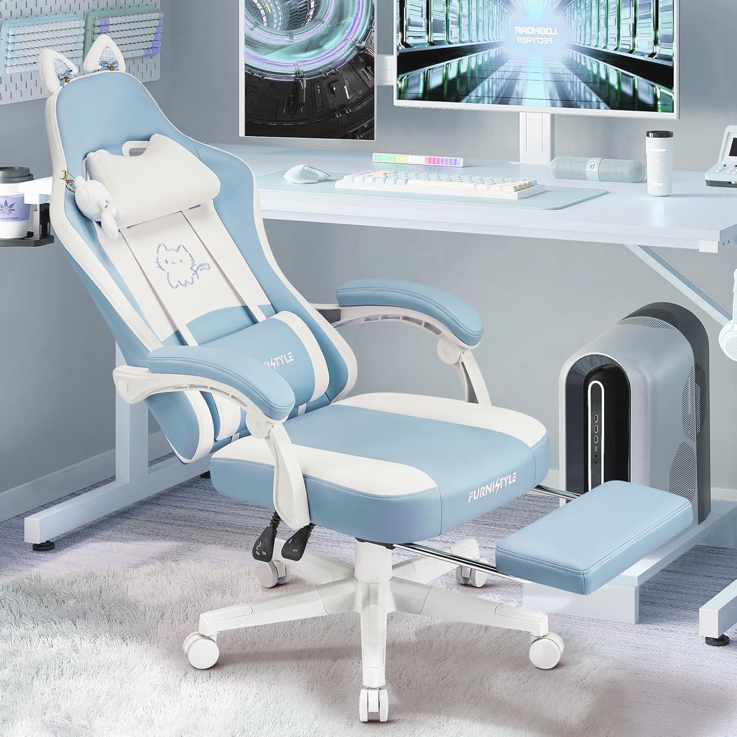 Gaming Chairs, Comfy Video Game Chair for Adults with Cat Ears Pocket Spring Cushion Massage Lumbar Support & Headrest, Ringing Accessories Cute Leather Ergonomic Computer Chair for Girls, Blue/White