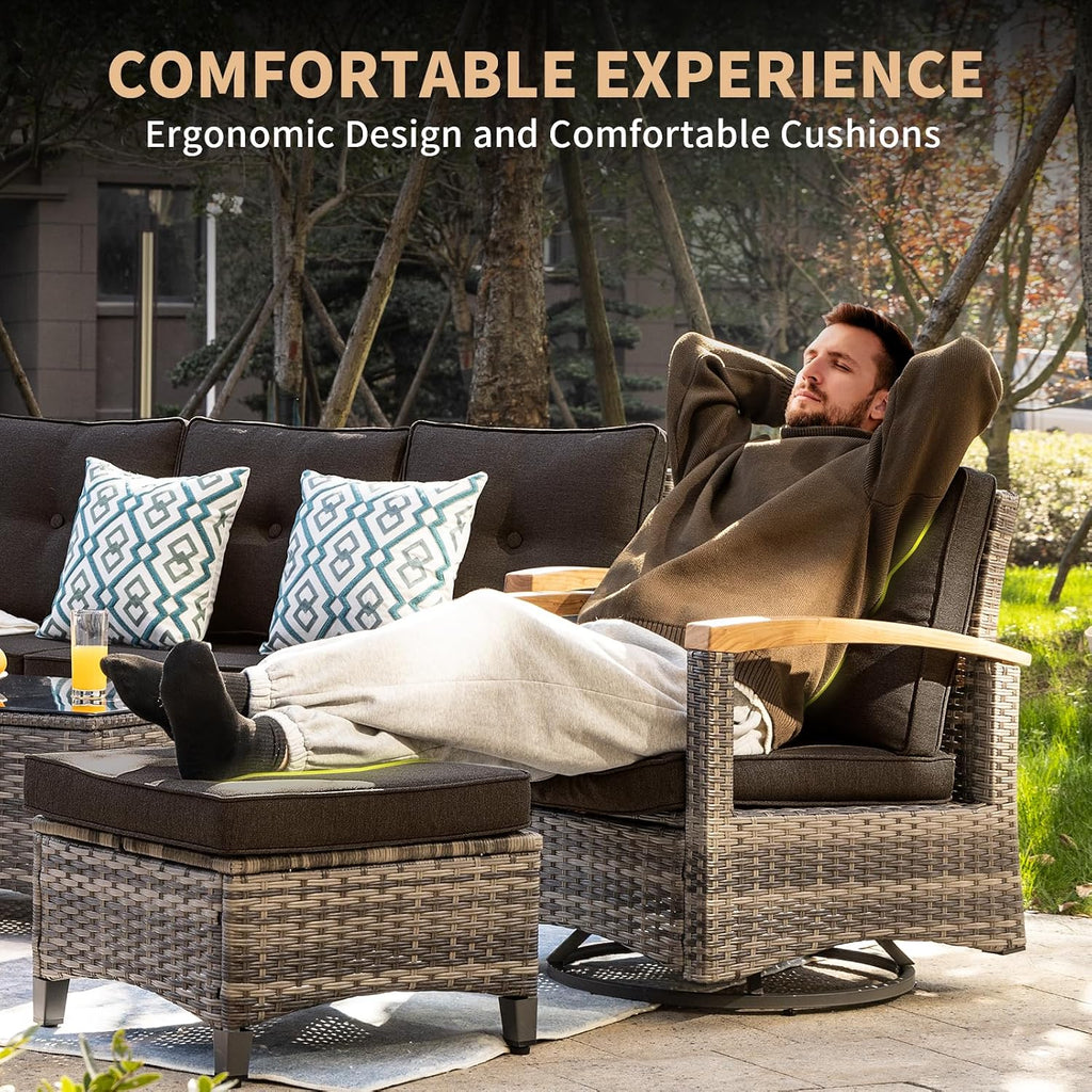 MEISSALIVVE 6 Pieces Patio Furniture Sets, PE Wicker Outdoor Conversation Sets with 2 Wood Armrests Swivel Glide Chairs, 2 Ottomans and Dining Table (Black)