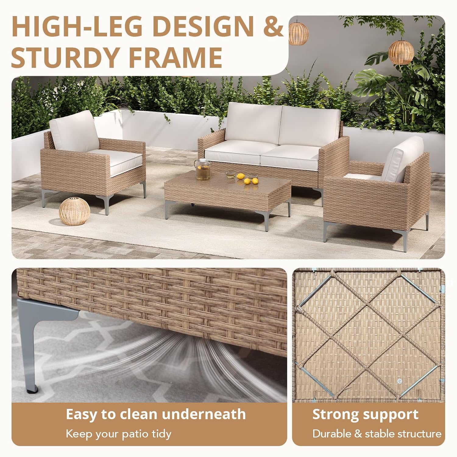 4-Piece Patio Furniture Set, Outdoor Wicker Sectional Sofa with Coffee Table, Anti-Slip & Thick All-Weather Cushions for Garden, Poolside, Backyard, Beige
