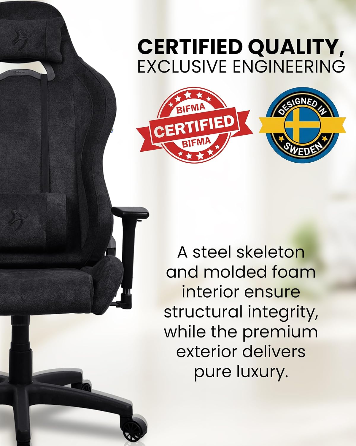 Arozzi Torretta Gaming Chair - Soft Fabric Ergonomic Gaming Chair for Adults Adjustable Backrest with Neck & Lumbar Pillows - Swedish Design Home Office Setup Professional Computer Chairs, Pure Black